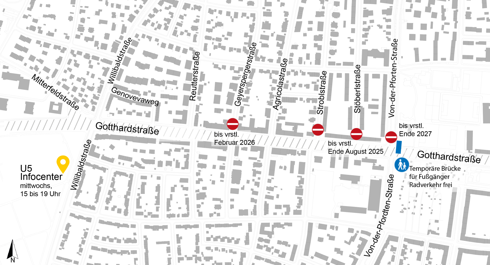 Lageplan zu den Bauarbeiten U5 Verlängerung, Verkehrsphasen Gotthardstraße, September 2025