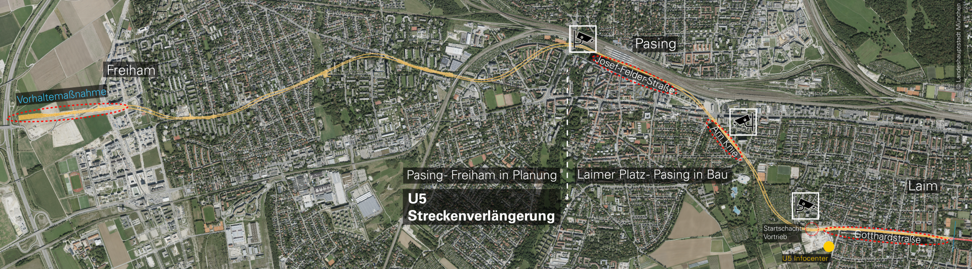 Übersicht Webcams auf der Gesamtstrecke U5 Verlängerung; Quelle: Baureferat