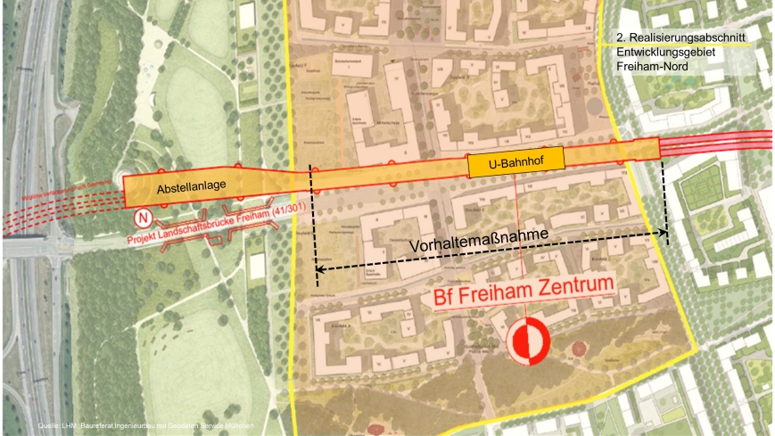 Lageplan der U-Bahn-Vorhaltemaßnahme in Freiham; Quelle: Baureferat Lageplan der U-Bahn-Vorhaltemaßnahme in Freiham; Quelle: Baureferat