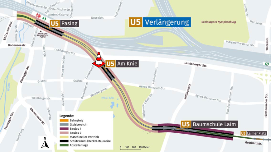 Lageplan Gesamtstrecke U5-Verlängerung mit Markierung des Bereiches Am Knie; Quelle Baurefrat