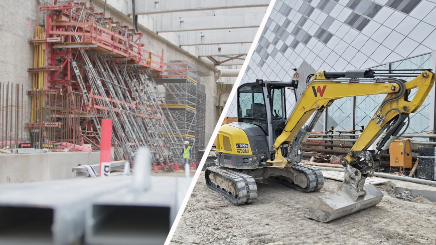 Klimaschutz beim Bau der U5-Verlängerung: Foto repräsentiert das Thema umweltfreundlicher Baustellenbetrieb. Links: Wiederverwendung von Schalungselementen an der Gotthardstraße; Rechts: modernes, emissionsarmes Baustellenfahrzeug. Quelle: Baureferat