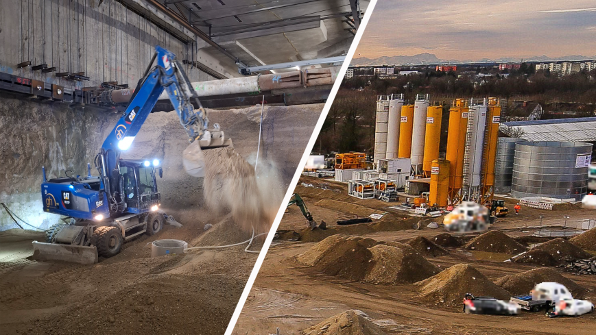 Klimaschutz beim Bau der U5-Verlängerung: Foto repräsentiert das Thema Bodenmanagement. Links: Aushub von Bodenmaterial unter der Gotthardstraße, das wiederverwertet wird; Rechts: Baustellenfläche mit Aushub unterschiedlicher Schichten. Quelle: Baureferat
