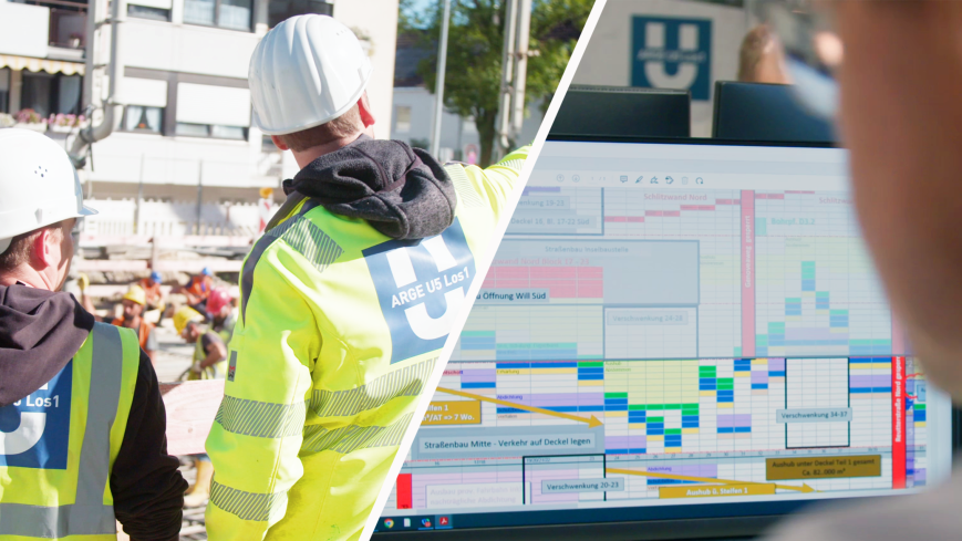 Klimaschutz beim Bau der U5-Verlängerung: Foto repräsentiert das Thema Kontrolle und Monitore. Links: Zwei Mitarbeiter auf der Baustelle Gotthardstraße; Rechts: Mitarbeiter vor einem Zeitplan am PC-Monitor. Quelle: Baureferat