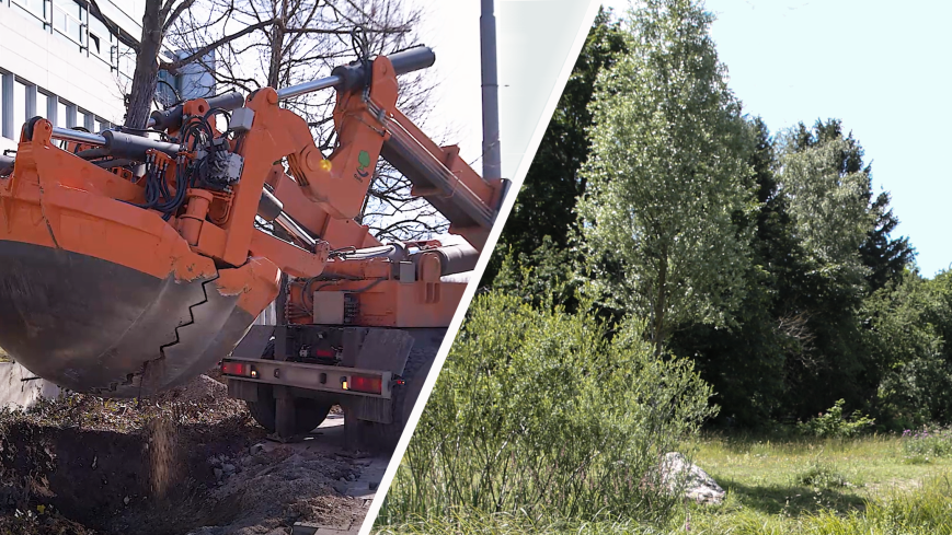 Klimaschutz beim Bau der U5-Verlängerung: Foto repräsentiert das Thema Natur. Links: Maschine zur Baumausgrabung für die Umpflanzung am Knie; Rechts: Laubwald in Langwied. Quelle: Baureferat/Nagy