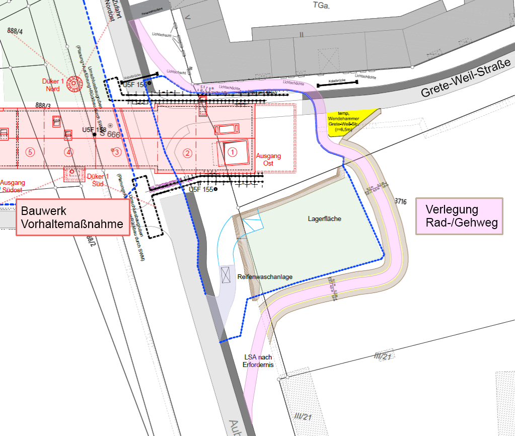 Lageplan Vorhaltemaßnahme Freiham zur Verlegung Rad-/Gehweg; Quelle Baureferat 