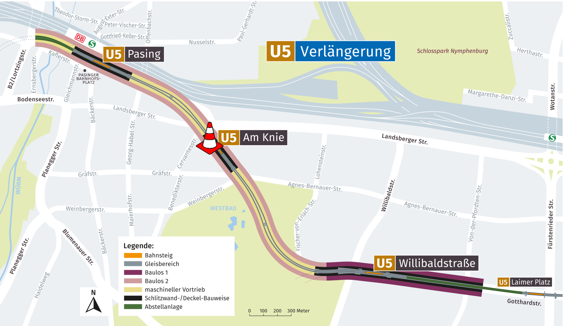Lageplan Gesamtstrecke U5-Verlängerung mit Markeriung des Bereiches Am Knie; Quelle Baurefrat