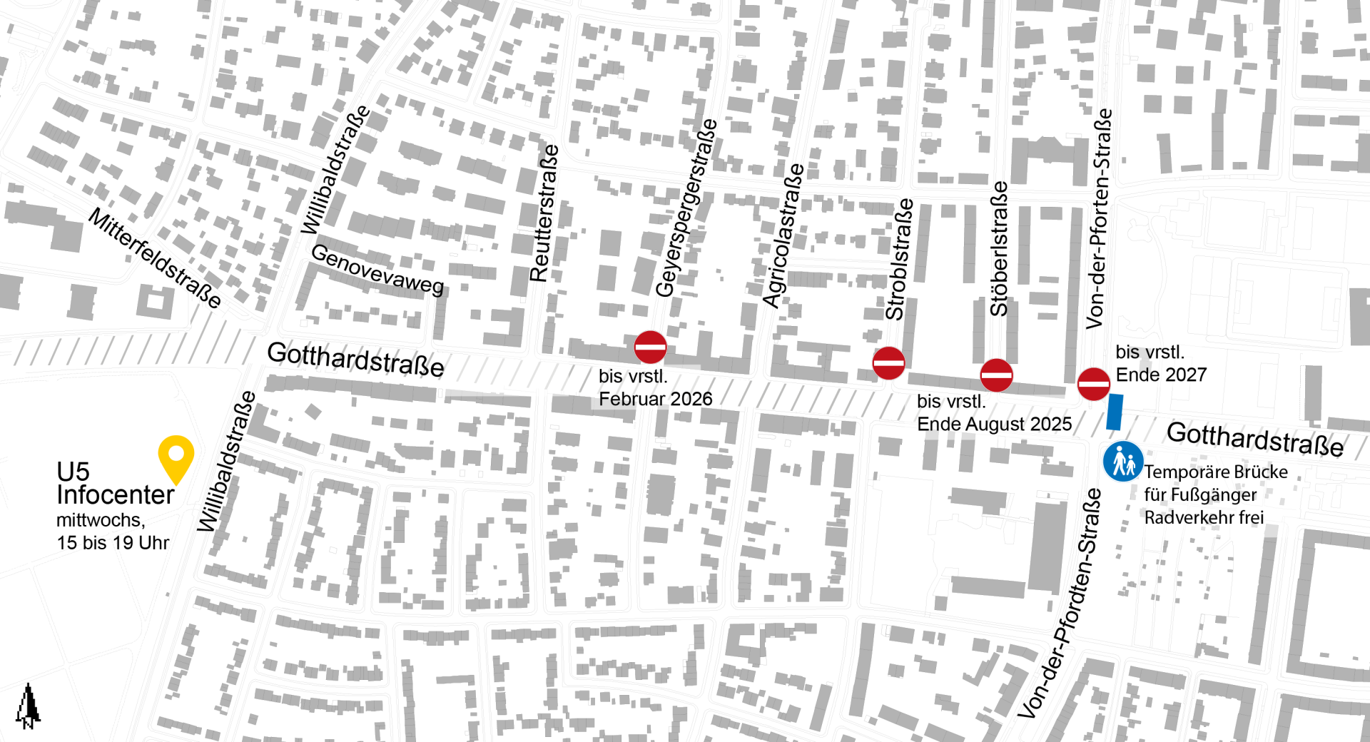 Lageplan zu den Bauarbeiten U5 Verlängerung, Verkehrsphasen Gotthardstraße, August 2025