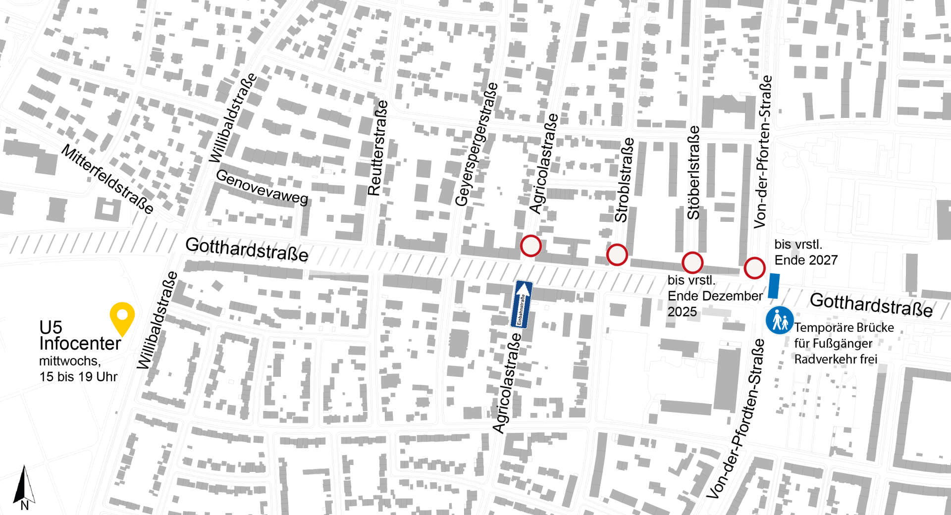 Lageplan zu den Bauarbeiten U5 Verlängerung, Verkehrsphasen Gotthardstraße, November 2025
