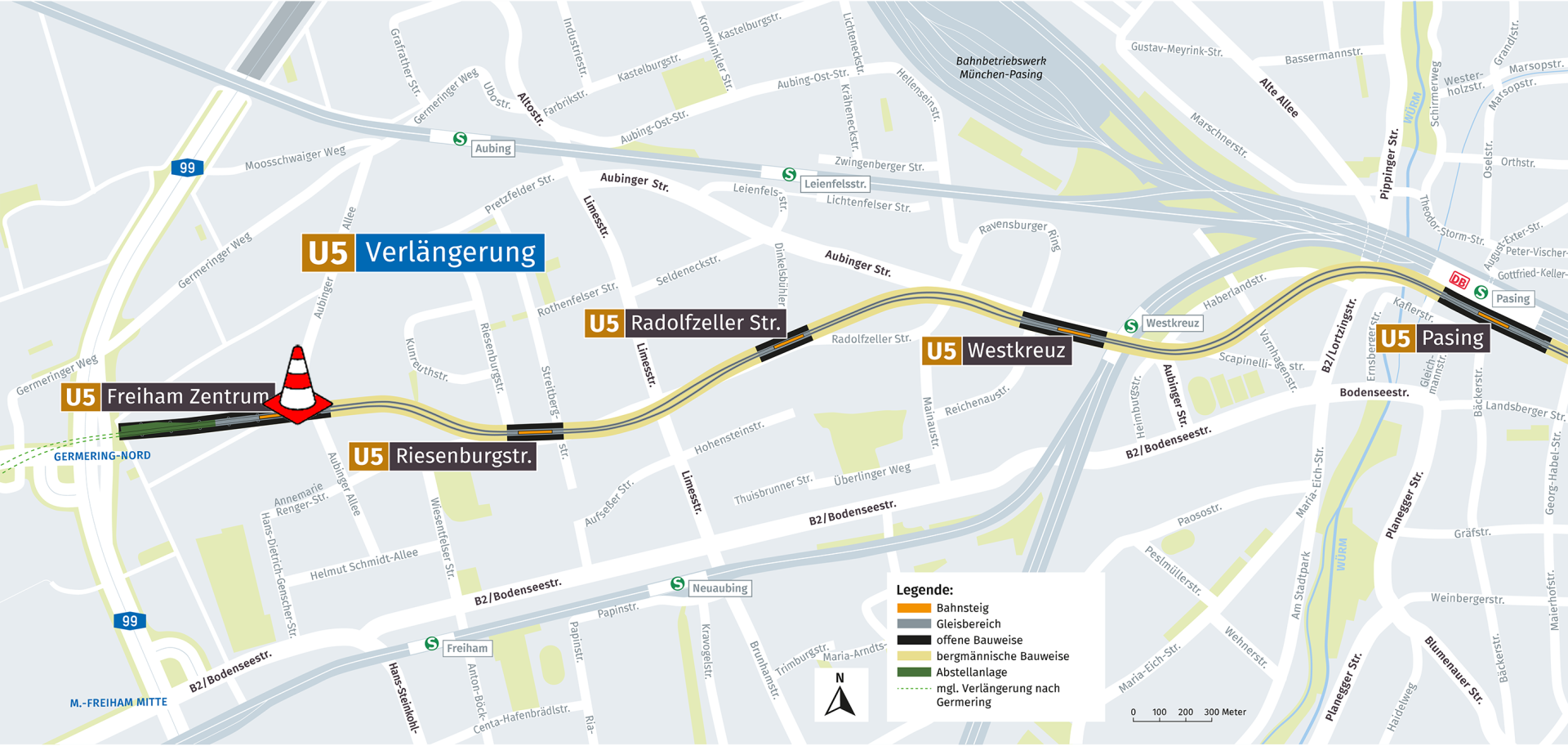 Lageplan der geplanten Verlängerung Pasing nach Freiham; Quelle: Baureferat
