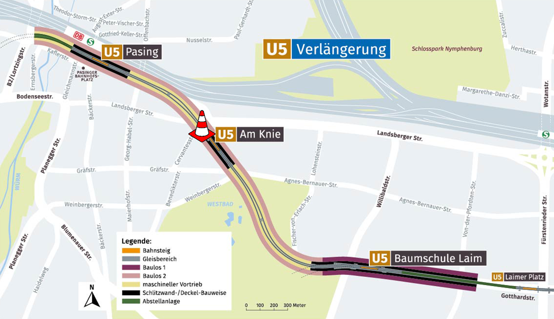 Lageplan Gesamtstrecke U5-Verlängerung mit Markierung des Bereiches Am Knie; Quelle Baurefrat