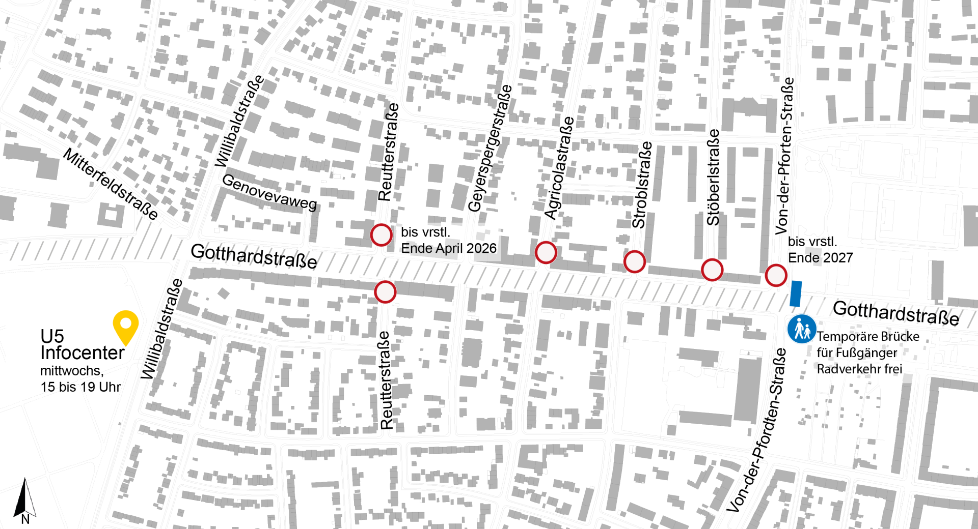 Lageplan zu den Bauarbeiten U5 Verlängerung, Verkehrsphasen Gotthardstraße; Februar 2026