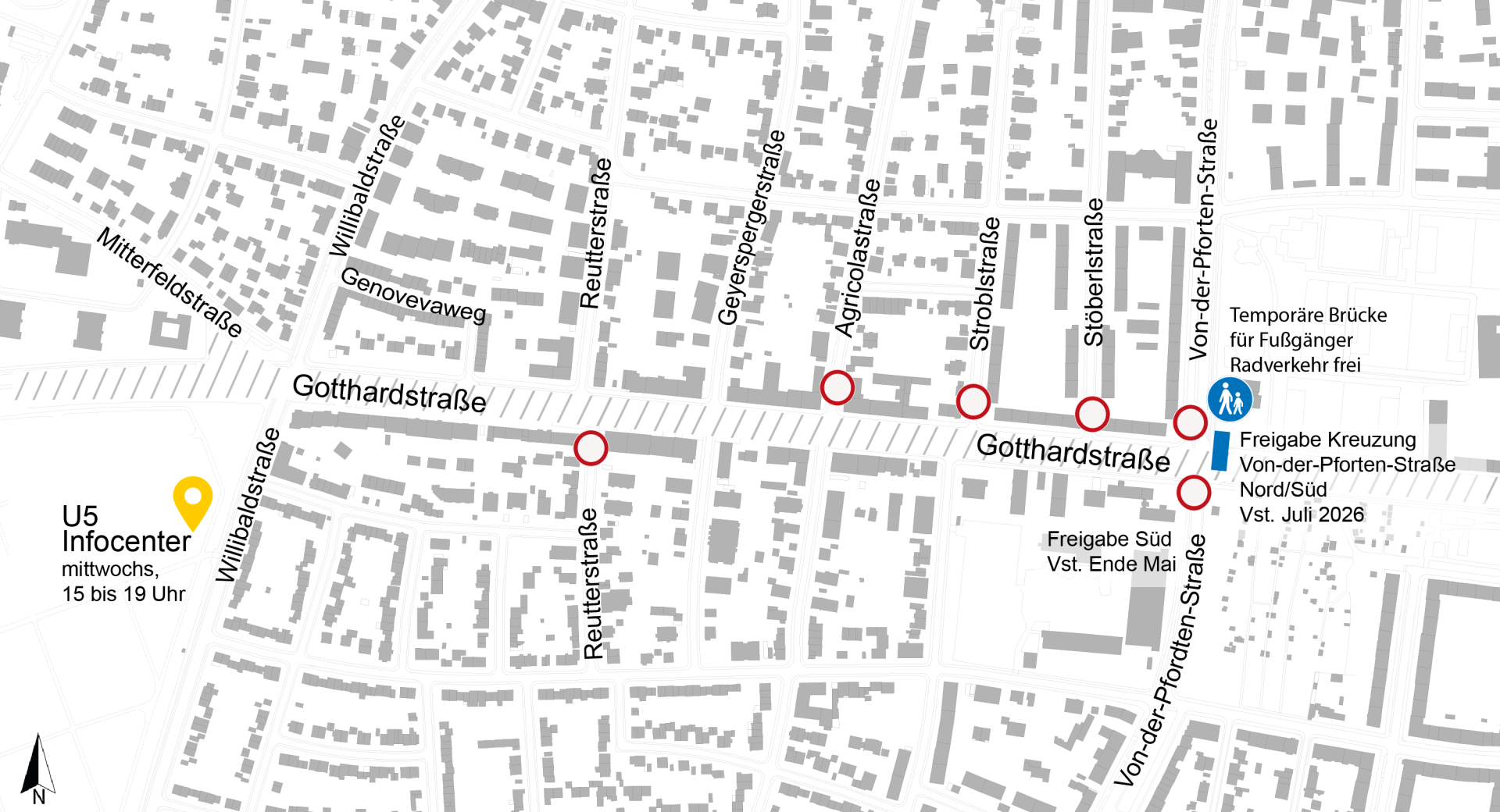 Lageplan zu den Bauarbeiten U5 Verlängerung, Verkehrsphasen Gotthardstraße; April 2026