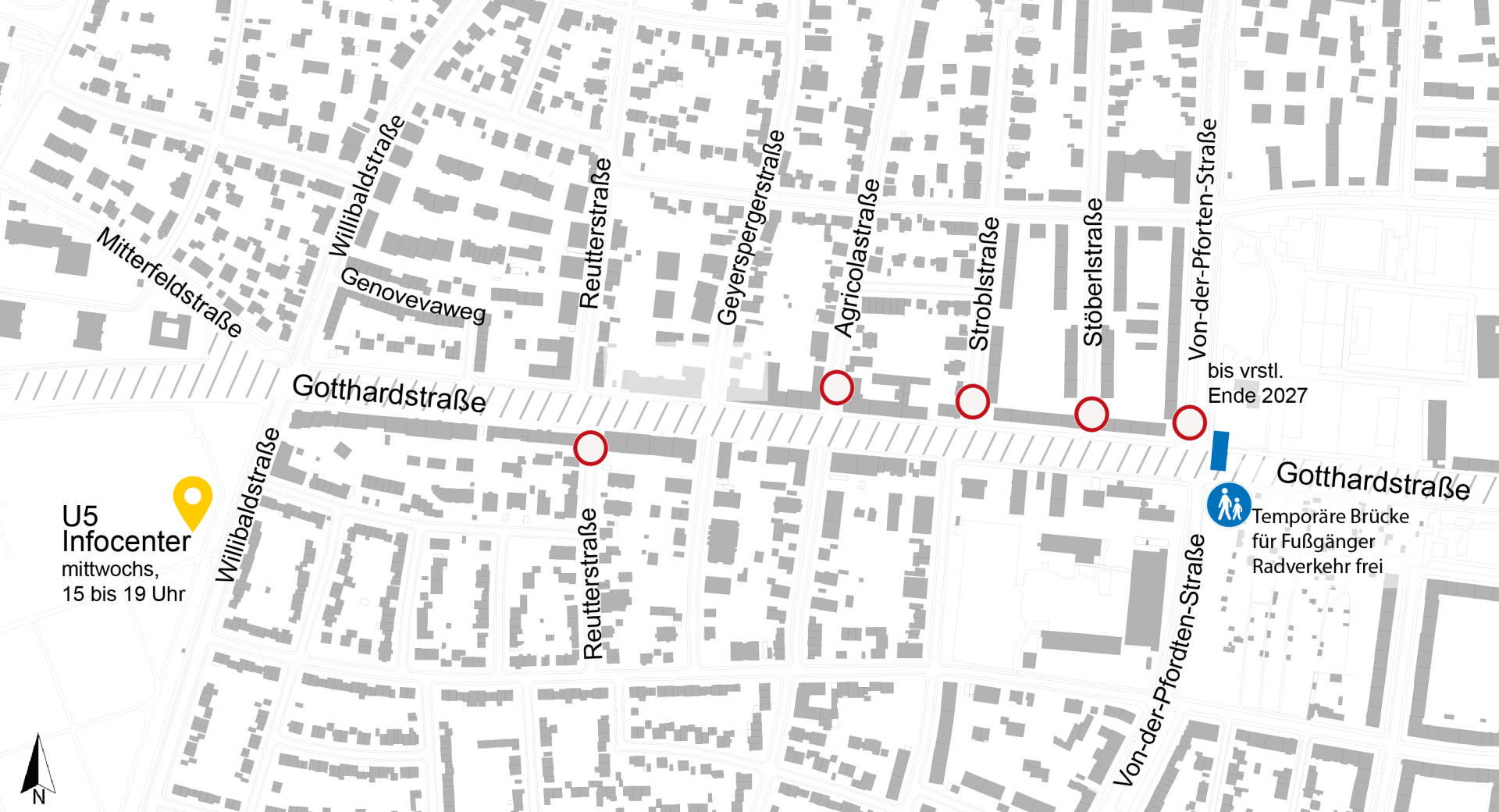 Lageplan zu den Bauarbeiten U5 Verlängerung, Verkehrsphasen Gotthardstraße; April 2026