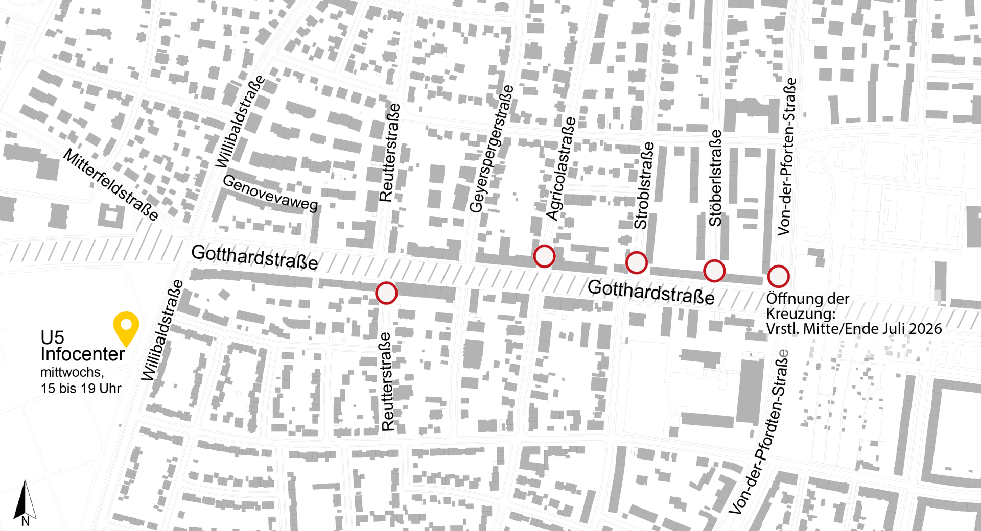 Lageplan zu den Bauarbeiten U5 Verlängerung, Verkehrsphasen Gotthardstraße; Juli 2026