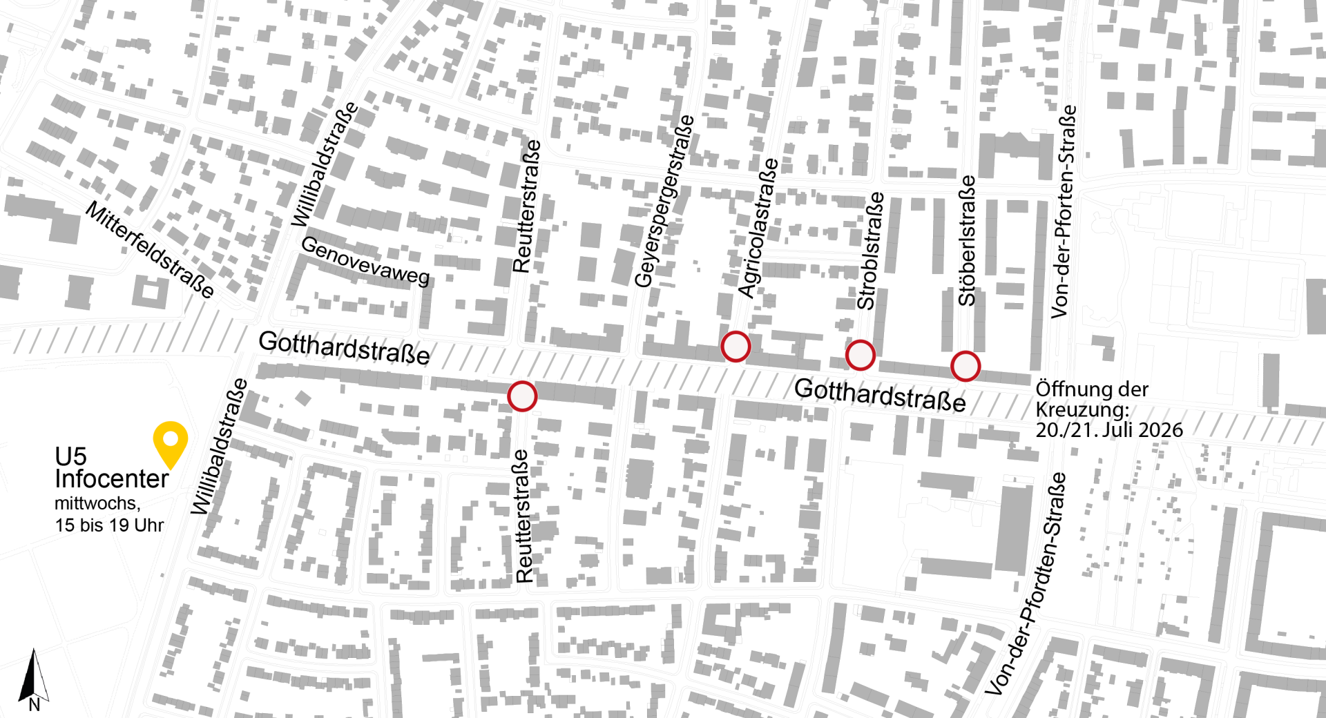 Lageplan zu den Bauarbeiten U5 Verlängerung, Verkehrsphasen Gotthardstraße; Juli 2026