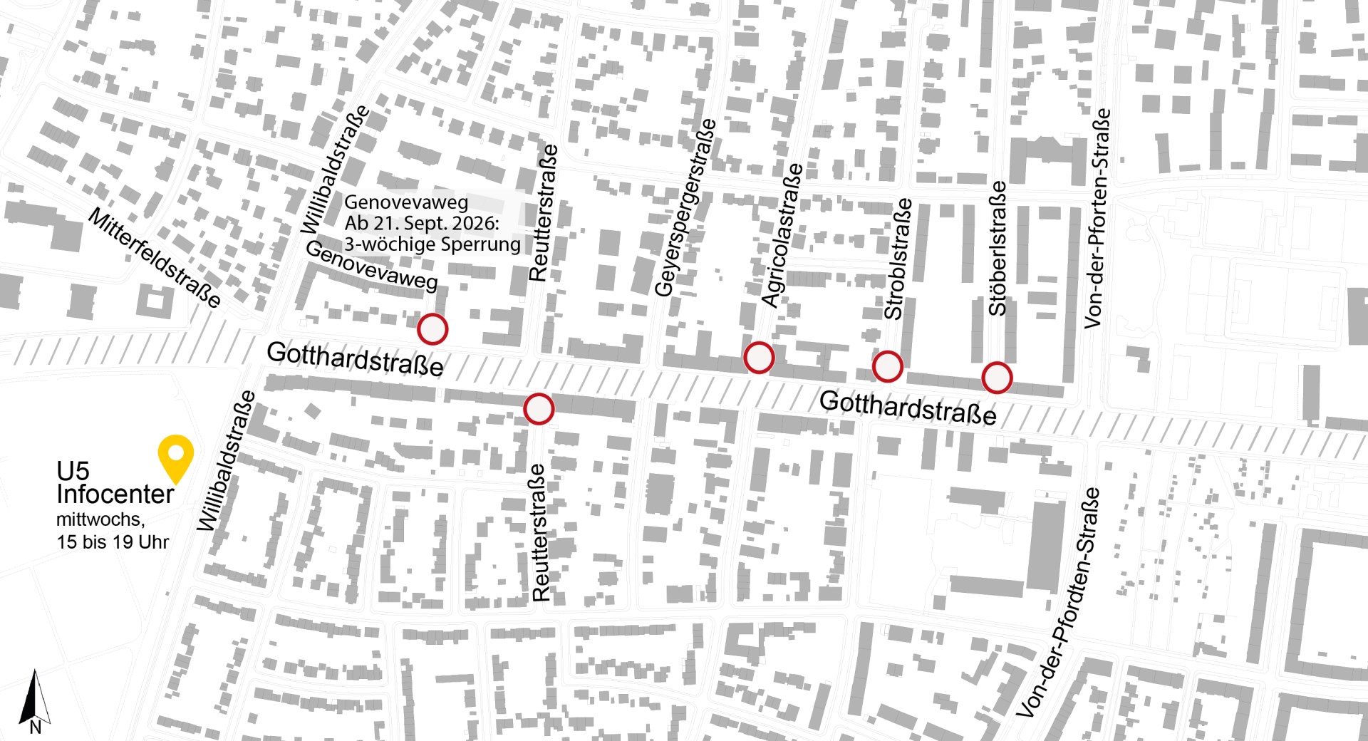 Lageplan zu den Bauarbeiten U5 Verlängerung, Verkehrsphasen Gotthardstraße; September 2026